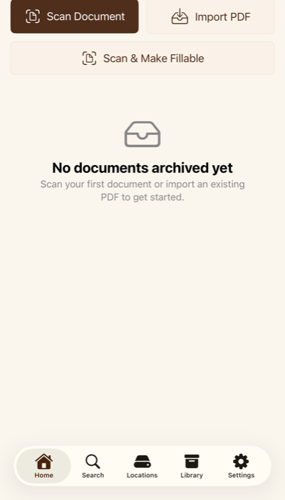 Archivd home screen with Scan Document, Import PDF, and Scan and Make Fillable actions