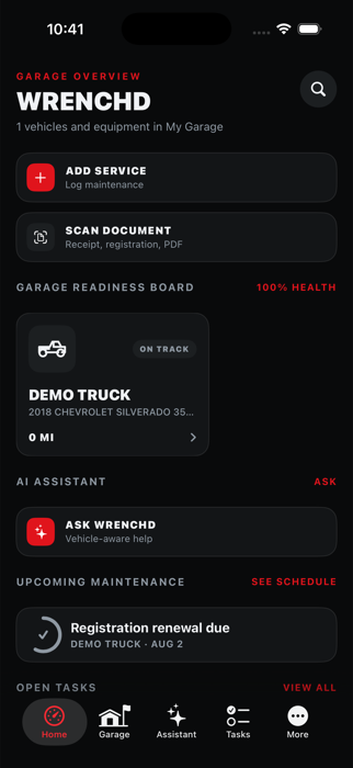 Wrenchd garage dashboard showing a tracked vehicle, readiness health, and upcoming maintenance